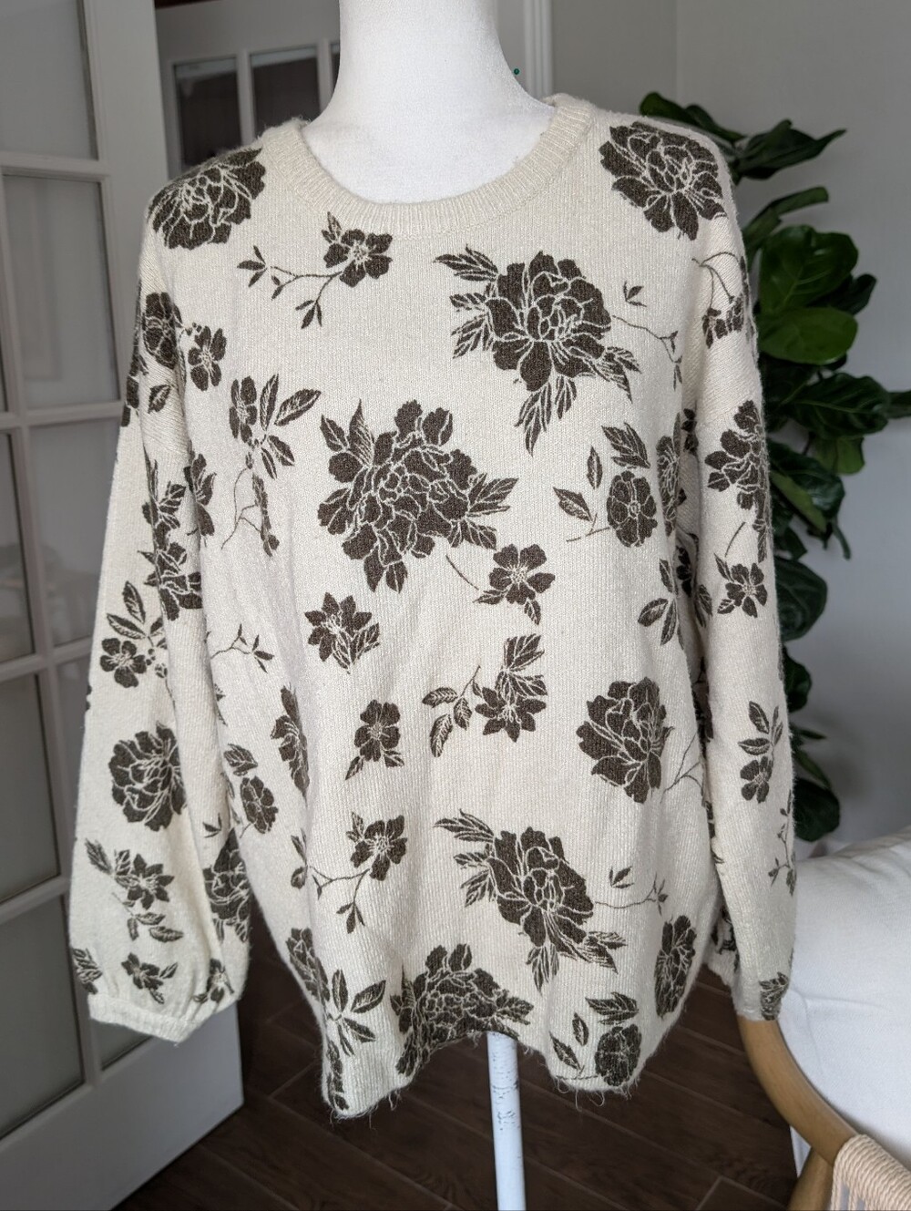 Altar'd State Cream Sweater with Olive Green Floral Print Medium